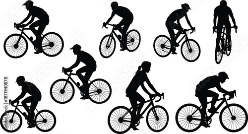 Silhouette Collection Of Cyclists Riding Bicycles On White Background cycling sport