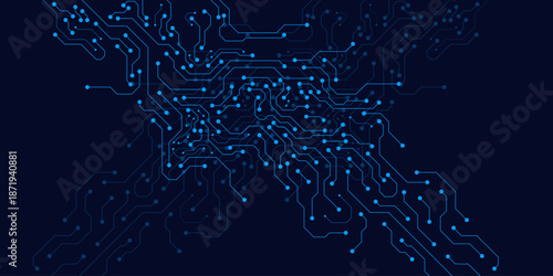 Futuristic circuit board background. Connected blue lines with electronic element for high digital technology. Computer motherboard with processor, microchip and semiconductor. Vector