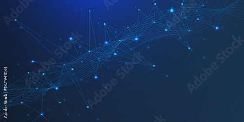 Abstract molecular structure with glowing plexus and wavy lines. Modern digital technology, big data visualization, science and futuristic background. Vector