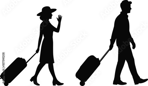 Silhouette of a woman in a hat and a man walking with luggage on white background couple travel