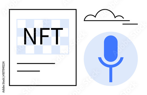 Blockchain technology, media production, digital assets, creativity, audio content, future tech. Digital NFT document and microphone icon. Blockchain technology and media production concept