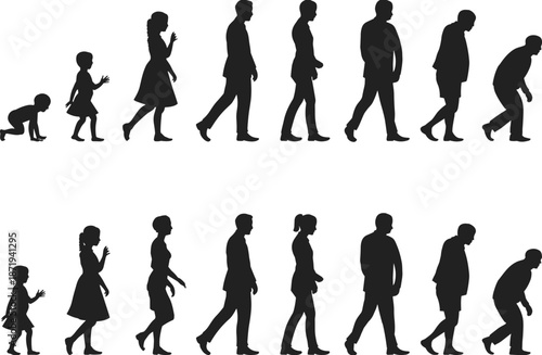 Silhouettes Illustrating Human Life Stages from Infancy to Old Age Keywords: human, life, stages, evolution, growth, development