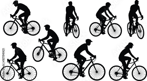 Silhouettes of cyclists riding bicycles in various poses on a white background Keywords: bicycle, cyclist, cycling, sport