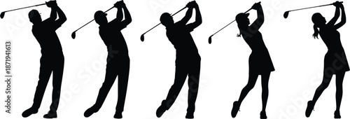 Silhouettes of Male and Female Golfers Swinging Clubs on White Background Keywords: golf, golfer, silhouette, male, female