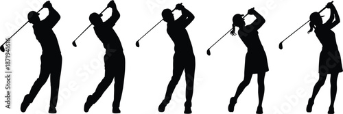 Silhouettes of Male and Female Golfers in Action on White Background Keywords: golf, golfer, silhouette, male, female, sport