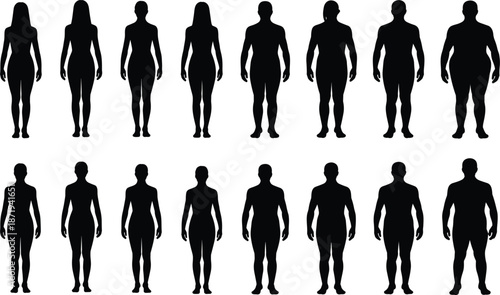 Silhouettes of men and women displaying a range of body types from slim to overweight people