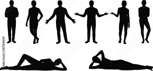 Silhouettes of men and women in standing and reclining poses on a white background Keywords: people, silhouette, man, woman