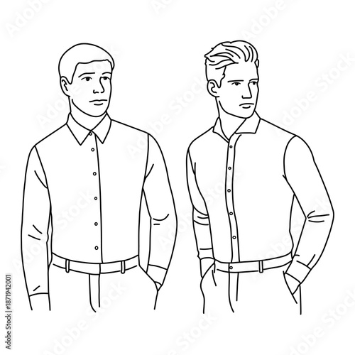 Hand drawn line of men's long sleeves formal shirt flat, Woven shirt for formal wear and casual wear fashion illustration template mock up,
Vector illustration, white background