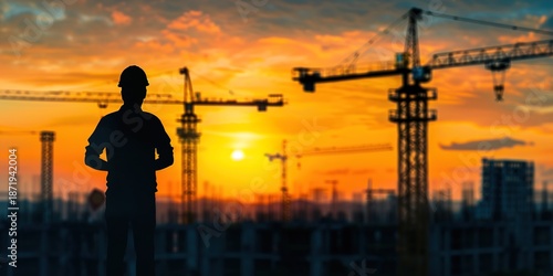 Construction Worker Silhouette at Sunset with Cranes