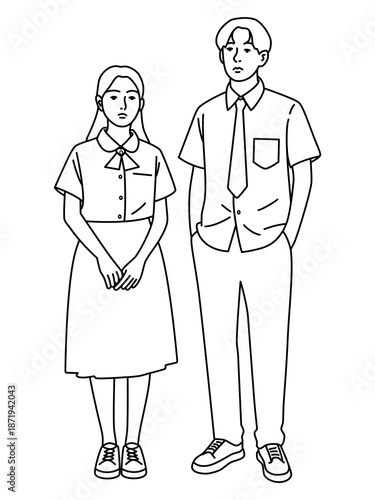 Hand drawing lines of student girl and boy wearing uniform, Outline vector illustrations of school uniform  shirt casual sleeve shirt