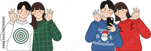 Cute couple selfie illustration showing happy friends making okay gesture casual lifestyle vector design