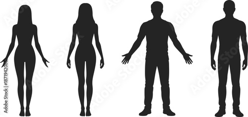 Silhouettes of two women and two men standing with arms outstretched and at sides people