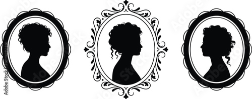 Three Black Silhouette Portraits of Women in Ornate Oval Frames woman female