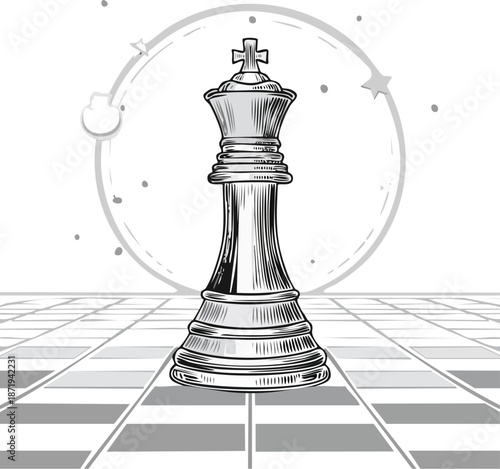 Majestic chess king piece standing on a classical chessboard, symbolizing strategy and power.