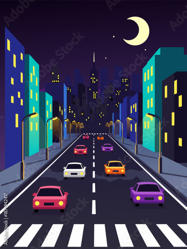 A Vibrant Nighttime Cityscape with Cars and Streetlights - Vector Illustration