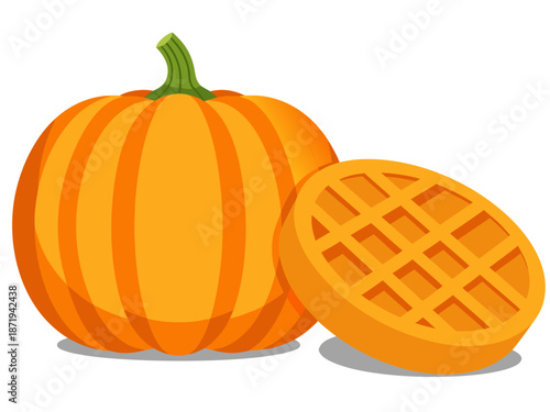Orange pumpkin and waffle slice vector illustration, seasonal food and autumn harvest concept