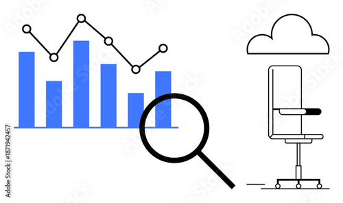 Data analysis, cloud computing, workspace, growth, digital marketing, research. Bar chart and line graph with magnifying glass next to office chair and cloud icon. Data analysis and cloud computing