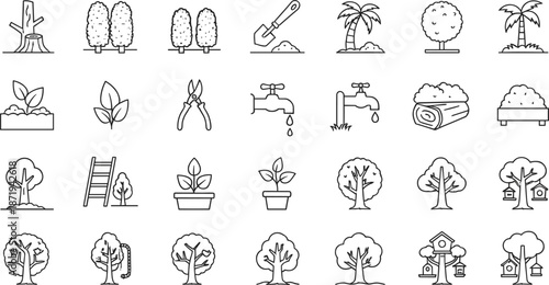 Garden and tree care icons set editable outline stroke plants nature landscaping vector illustration