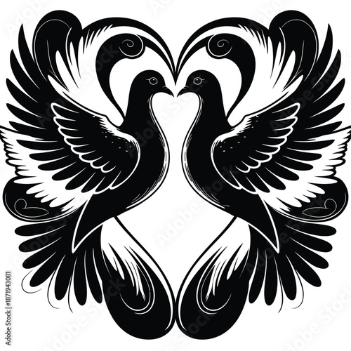 Elegant black and white illustration of two doves forming a heart shape
