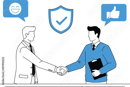 Business trust and agreement illustration with handshake security approval and positive feedback vector design