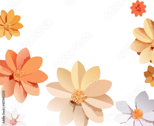 Beautiful handcrafted paper flowers in shades of orange and yellow, isolated white background