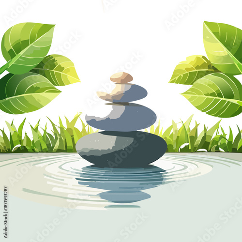 Zen meditation stones balanced on water with green leaves, symbolizing peace and tranquility