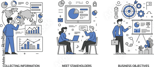 Business analysis workflow illustration showing information collection stakeholder meeting and strategic objectives vector design