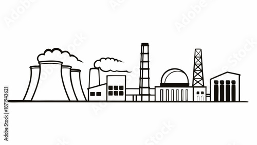 Industrial facility illustration with power plant and factory buildings in a landscape view