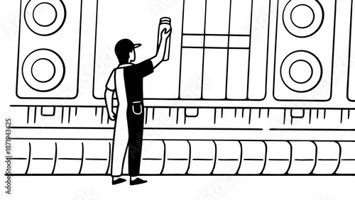 A man taking a photograph of a large speaker system