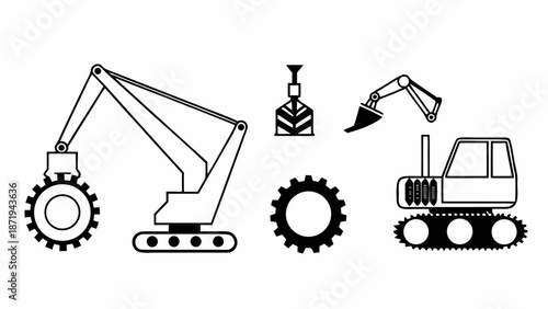 Heavy machinery and equipment icons in a simple illustration style