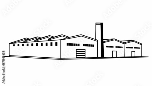 Industrial facility with multiple buildings and smokestack viewed from the front