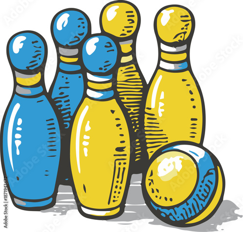Retro Bowling Pins & Ball Yellow Blue Vintage Toy 1950s Style