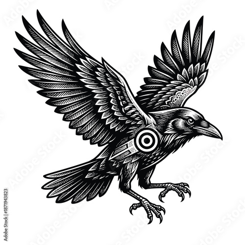 A detailed illustration of a raven with mechanical augmentations in flight