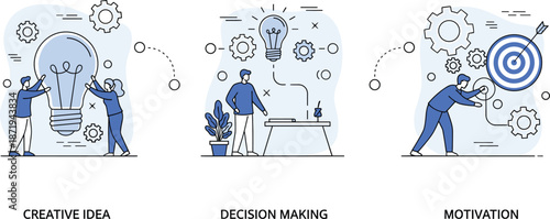 Business concept illustration showing creative ideas decision making and motivation teamwork process vector design