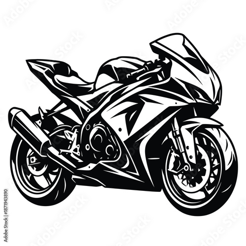 Detailed black and white illustration of a powerful sport motorcycle design