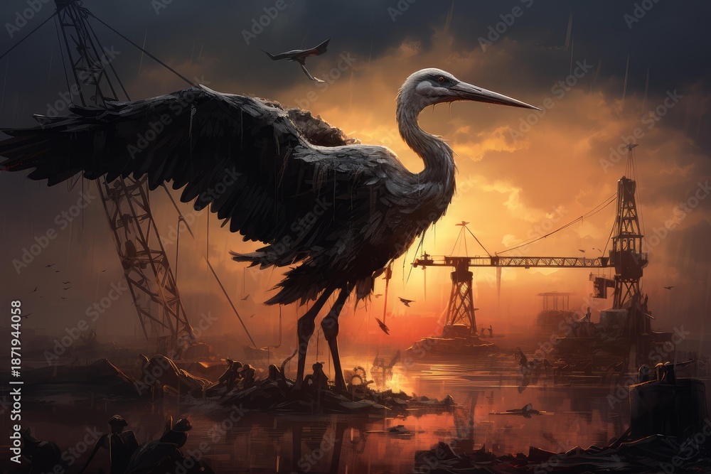 Obraz premium Giant heron standing amidst derelict cranes and water in a desolate, ruined industrial landscape
