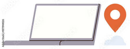 Online navigation, remote work, digital tools, local services, search optimization, technology access. A blank laptop screen with an orange location pin and cloud symbol. Online navigation and remote