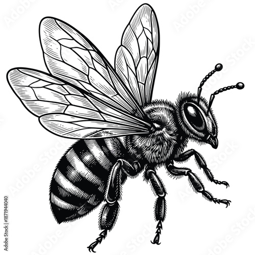 A detailed grayscale illustration of a honeybee in flight