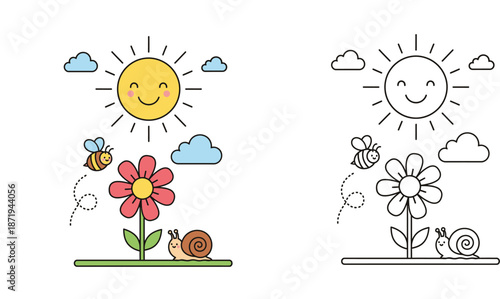 Cute nature scene with smiling sun, flying bee, flower, and snail vector illustration set showing colored version and black and white outline for coloring book page for kids.