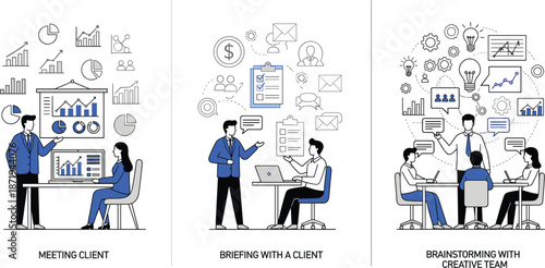 Business teamwork process illustration showing client meeting briefing and creative brainstorming workflow vector design