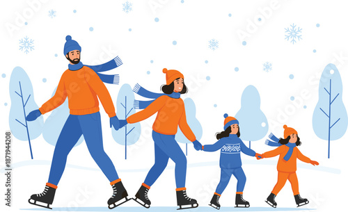 Happy family ice skating together in winter snow outdoor activity illustration vector design