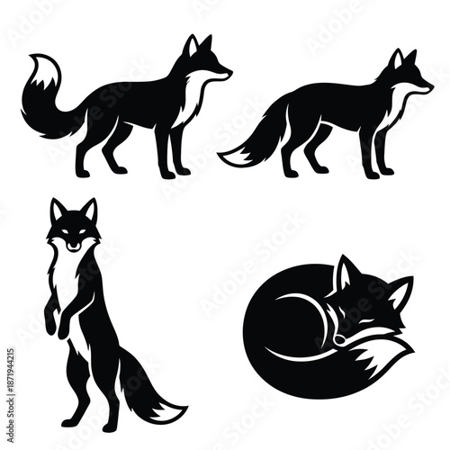 Four black and white silhouettes of foxes in various poses
