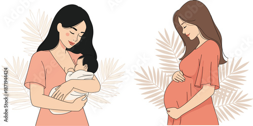 Motherhood illustration set showing pregnant woman and mother holding newborn baby vector design