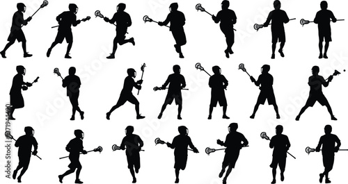 Black silhouettes of lacrosse players in dynamic action poses with sticks, running, catching, throwing, sports illustration for design use