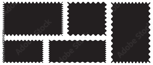 wavy rectangular frames scallop set black. Postage stamp borders. Geometric shapes stickers with zigzag wavy edge. scallop edge shape. 