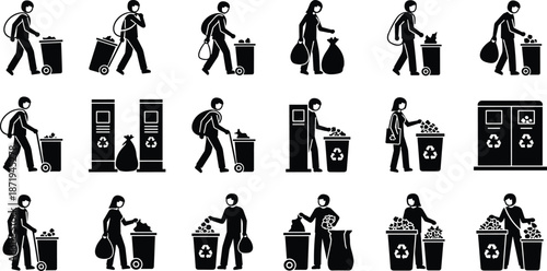 Black and white pictograms of people recycling, waste disposal, trash bins, eco icons, environmental responsibility, sustainability, cleanliness, and design illustration