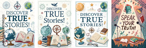 Creative poster designs for a book fair celebrating poetry slams and true stories