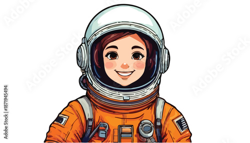 Cartoon Astronaut Girl Smiling in Orange Spacesuit and Helmet.