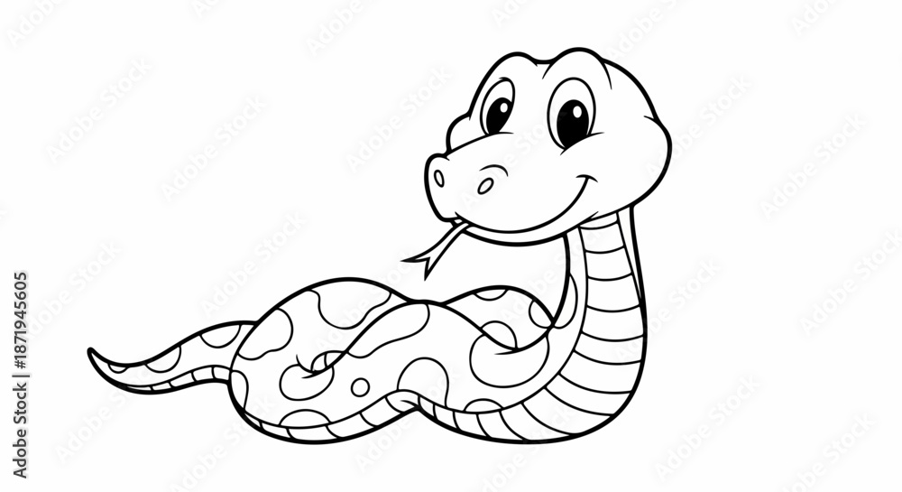 Fototapeta premium Smiling cartoon snake with tongue out, featuring simple spotted body pattern. Simple cartoon snake illustration provides outline for young children to color, perfect educational activity.