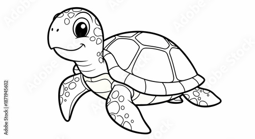 Cute turtle illustration with friendly smile and detailed shell pattern. Adorable sea creature drawing shows distinct flippers and spotted body, ideal for children books or educational content.